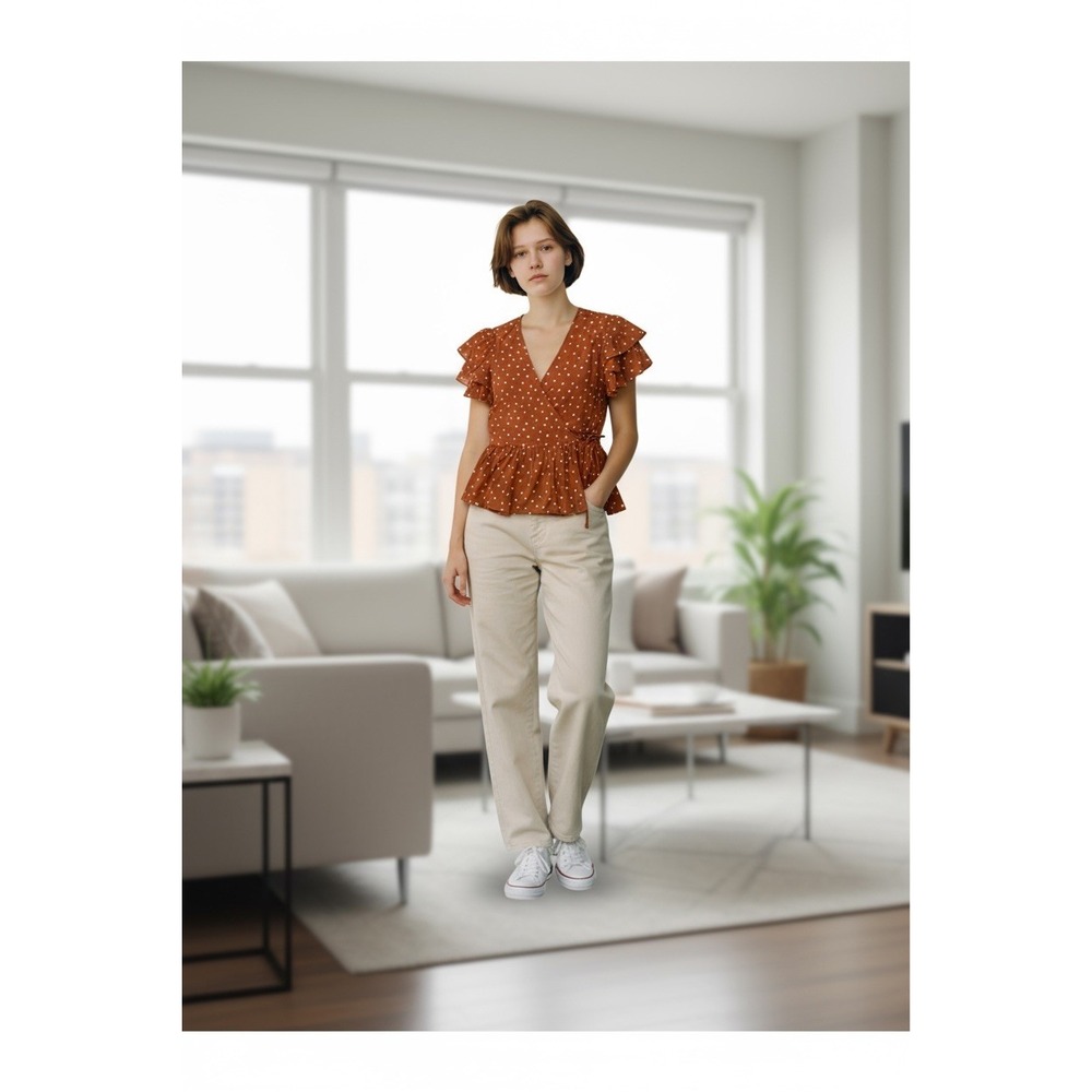 Madewell‎ Women's Medium Ruffle Hem Wrap Shirt Blouse Top Brown Ivory Dot